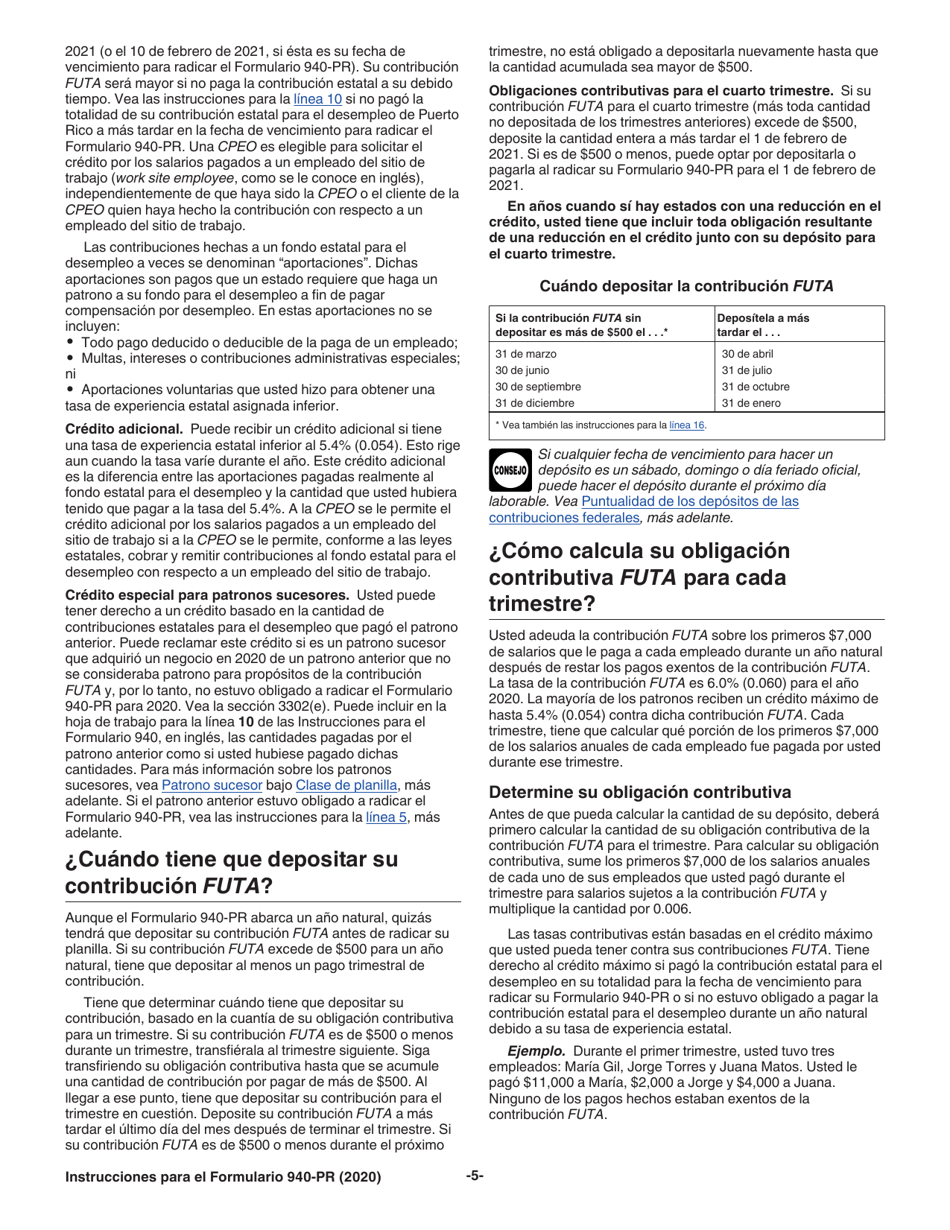 Instrucciones para IRS Formulario 940-PR Planilla Para La Declaracion Federal Anual Del Patrono De La Contribucion Federal Para El Desempleo (Futa) (Puerto Rican Spanish), Page 5