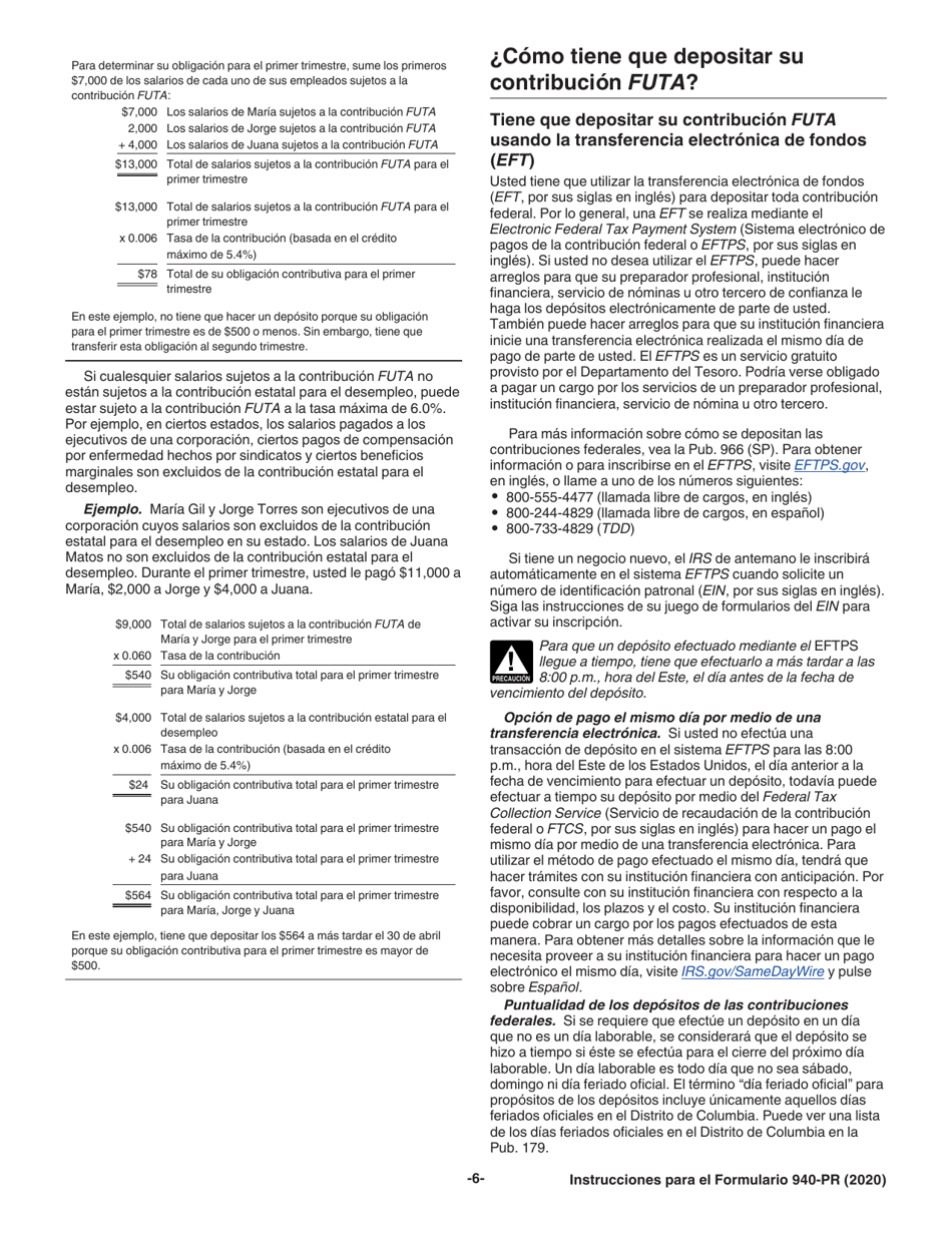 Instrucciones para IRS Formulario 940-PR Planilla Para La Declaracion Federal Anual Del Patrono De La Contribucion Federal Para El Desempleo (Futa) (Puerto Rican Spanish), Page 6