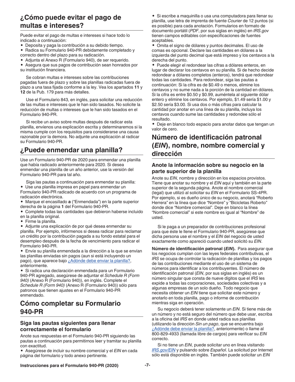Instrucciones para IRS Formulario 940-PR Planilla Para La Declaracion Federal Anual Del Patrono De La Contribucion Federal Para El Desempleo (Futa) (Puerto Rican Spanish), Page 7