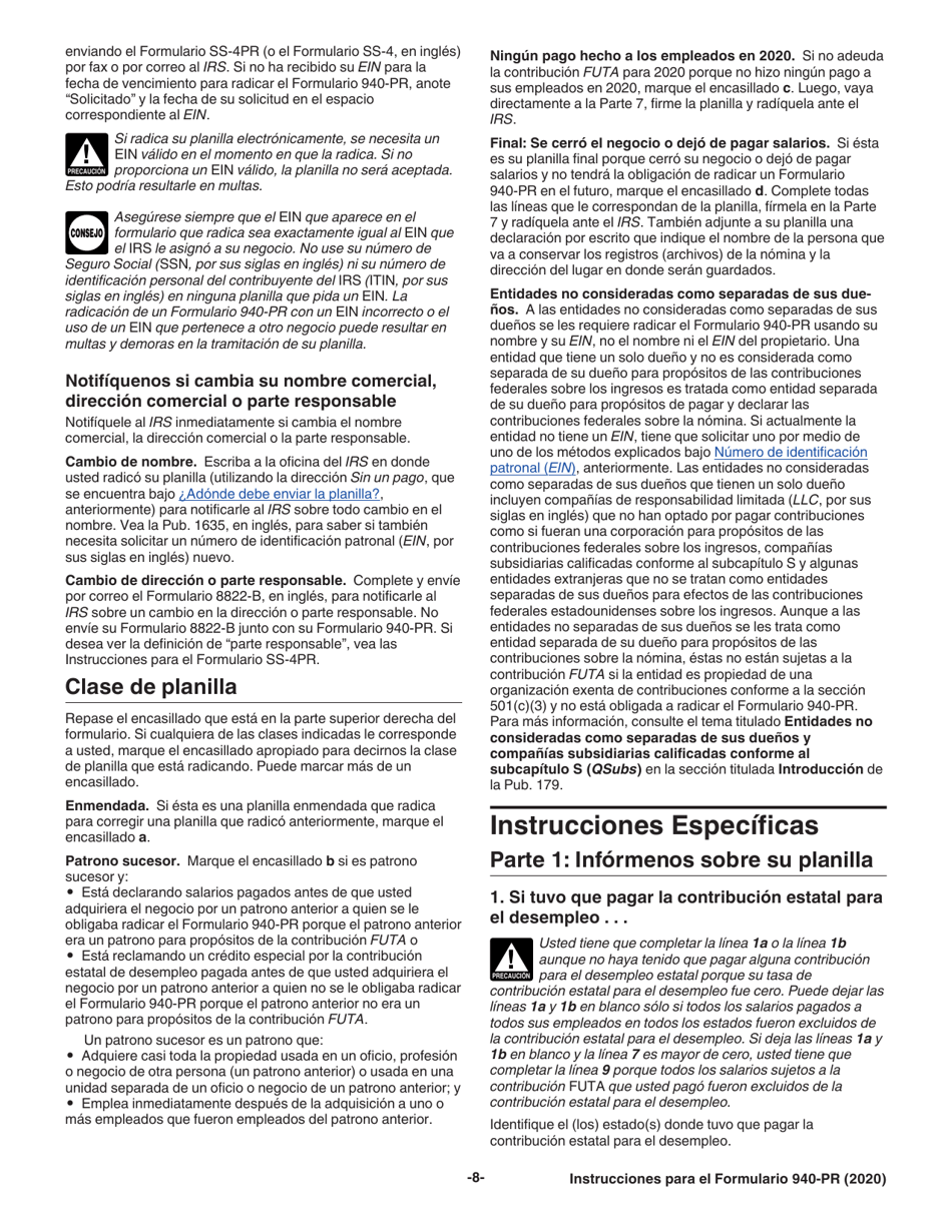 Instrucciones para IRS Formulario 940-PR Planilla Para La Declaracion Federal Anual Del Patrono De La Contribucion Federal Para El Desempleo (Futa) (Puerto Rican Spanish), Page 8