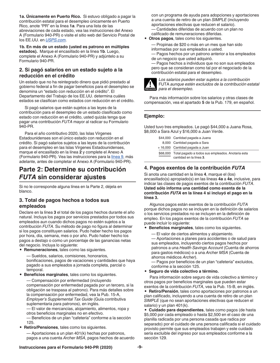 Instrucciones para IRS Formulario 940-PR Planilla Para La Declaracion Federal Anual Del Patrono De La Contribucion Federal Para El Desempleo (Futa) (Puerto Rican Spanish), Page 9