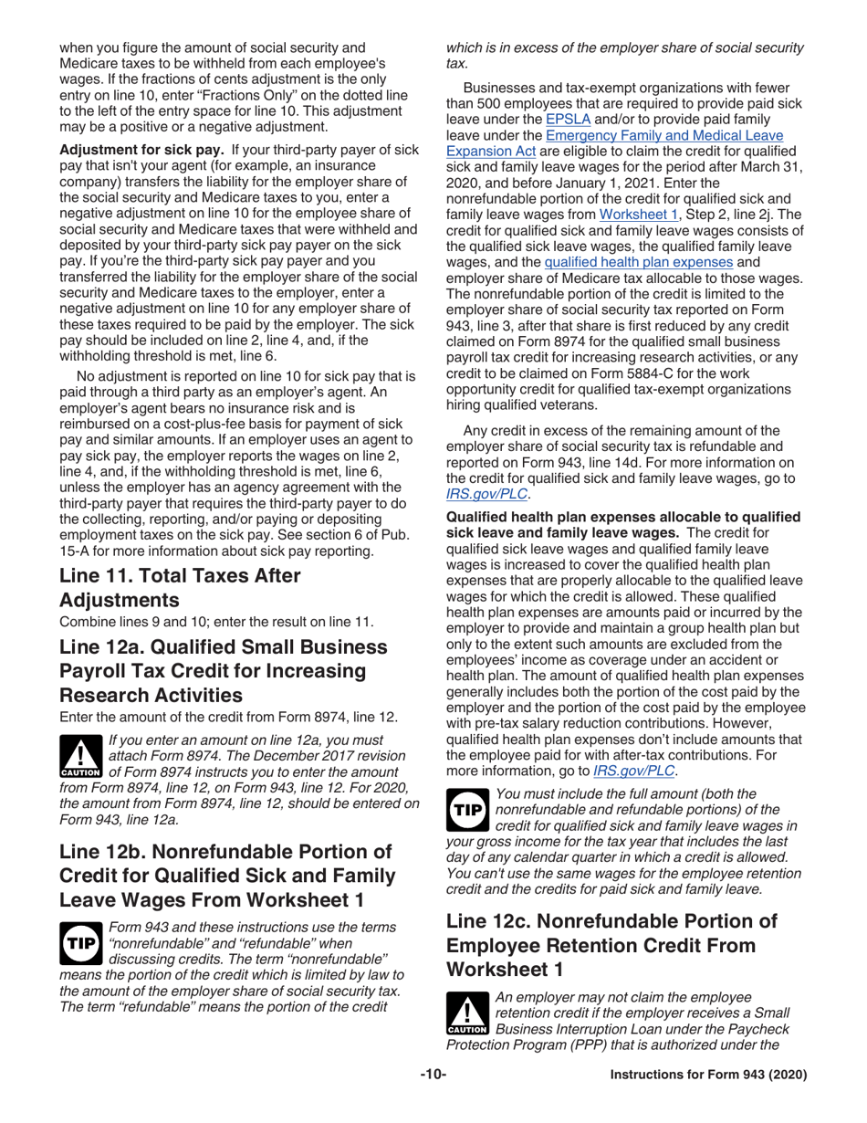 Instructions for IRS Form 943 Employers Annual Federal Tax Return for Agricultural Employees, Page 10