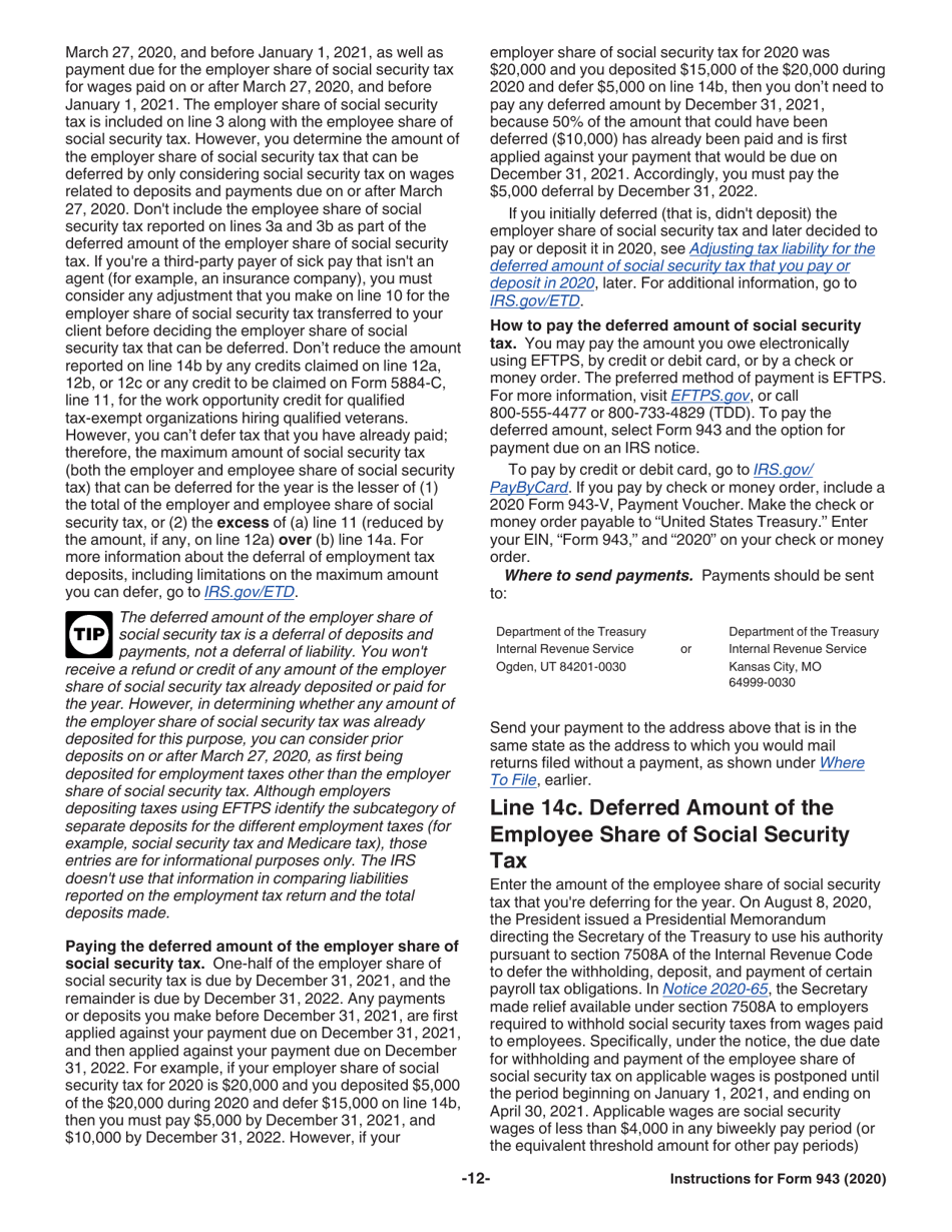 Instructions for IRS Form 943 Employers Annual Federal Tax Return for Agricultural Employees, Page 12
