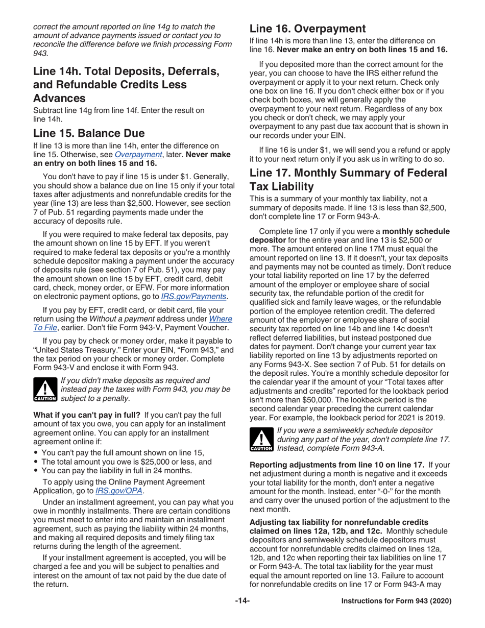Instructions for IRS Form 943 Employers Annual Federal Tax Return for Agricultural Employees, Page 14