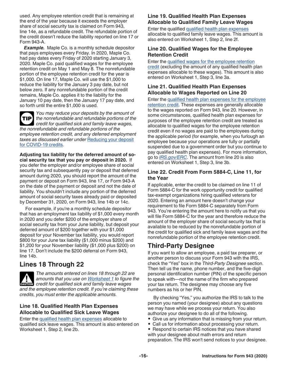 Instructions for IRS Form 943 Employers Annual Federal Tax Return for Agricultural Employees, Page 16