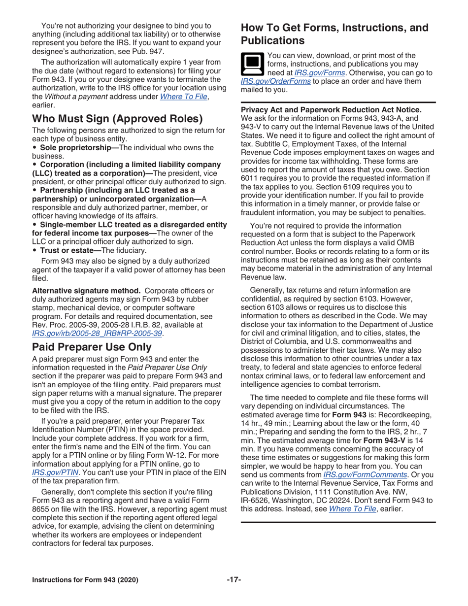 Instructions for IRS Form 943 Employers Annual Federal Tax Return for Agricultural Employees, Page 17