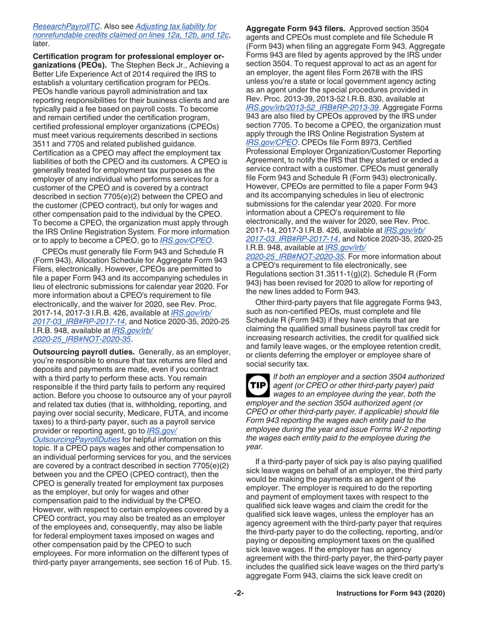 Instructions for IRS Form 943 Employers Annual Federal Tax Return for Agricultural Employees, Page 2