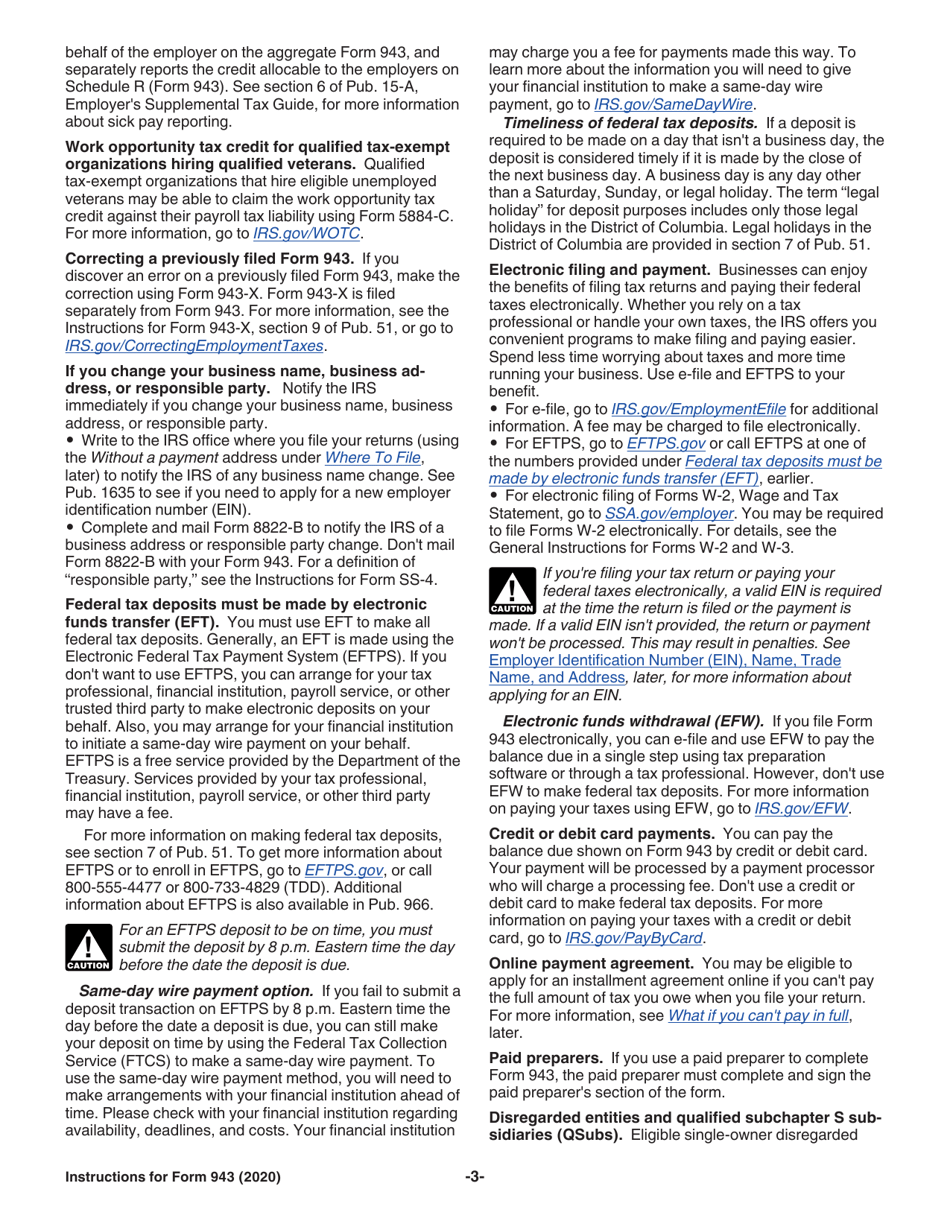 Instructions for IRS Form 943 Employers Annual Federal Tax Return for Agricultural Employees, Page 3