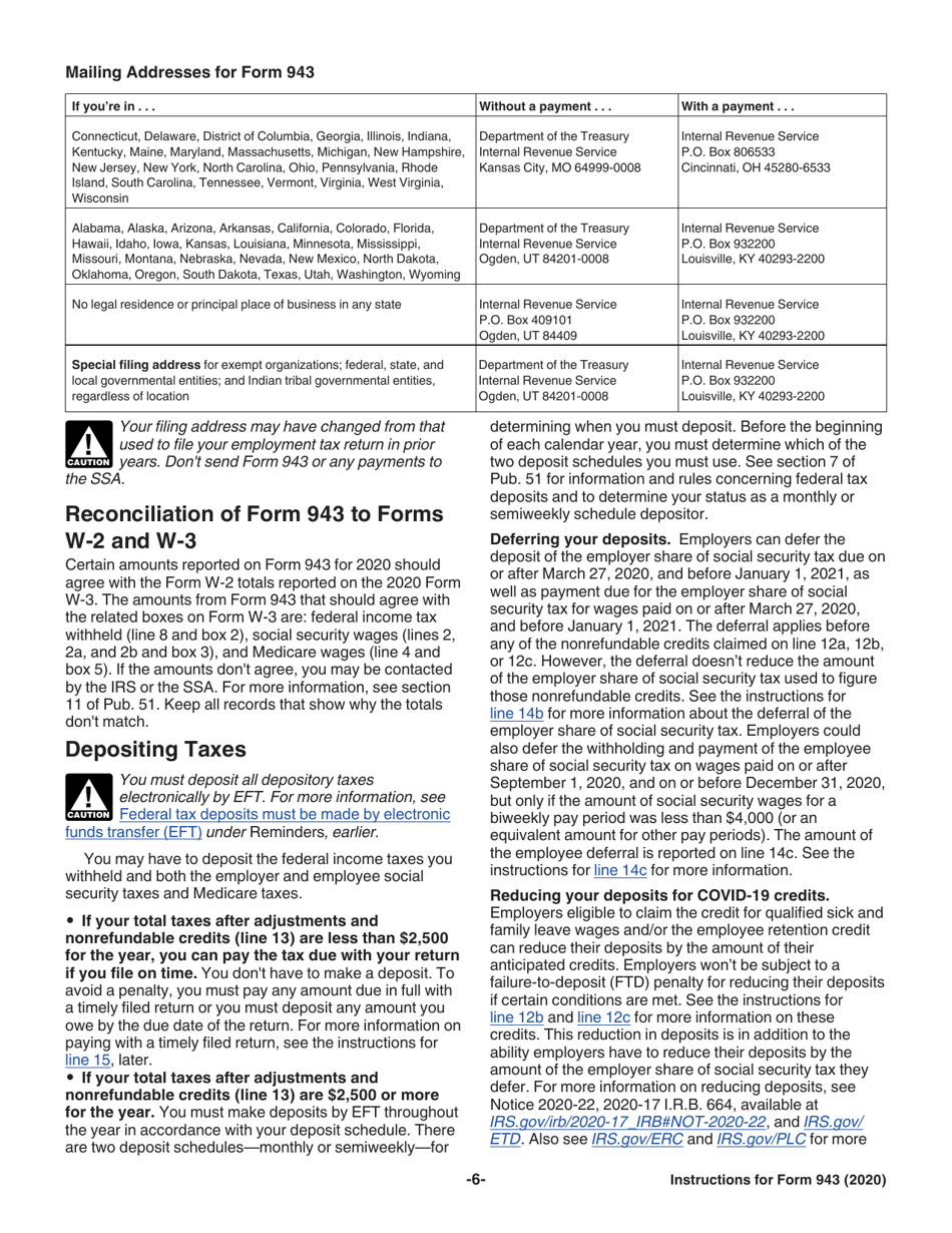 Instructions for IRS Form 943 Employers Annual Federal Tax Return for Agricultural Employees, Page 6