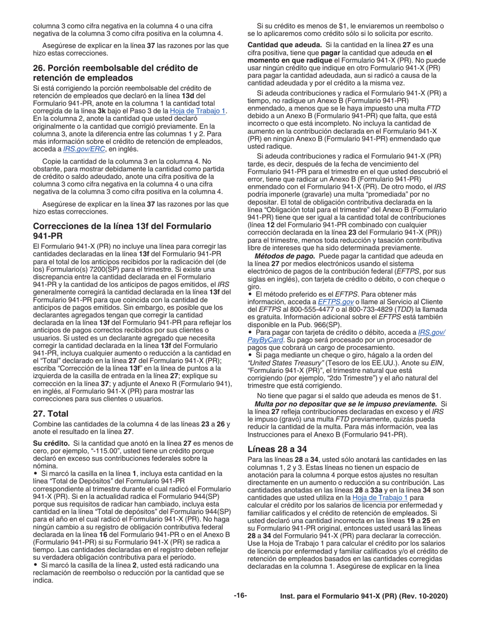 Instrucciones para IRS Formulario 941-X (PR) Ajuste a La Declaracion Federal Trimestral Del Patrono O Reclamacion De Reembolso (Puerto Rican Spanish), Page 16