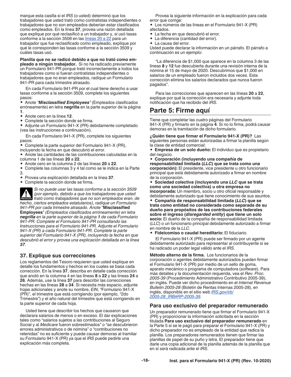 Instrucciones para IRS Formulario 941-X (PR) Ajuste a La Declaracion Federal Trimestral Del Patrono O Reclamacion De Reembolso (Puerto Rican Spanish), Page 18