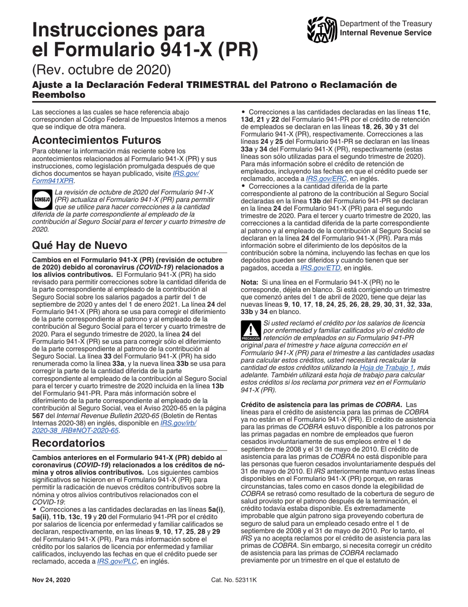 Instrucciones para IRS Formulario 941-X (PR) Ajuste a La Declaracion Federal Trimestral Del Patrono O Reclamacion De Reembolso (Puerto Rican Spanish), Page 1