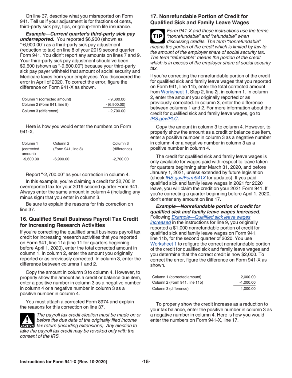 Instructions for IRS Form 941-X Adjusted Employers Quarterly Federal Tax Return or Claim for Refund, Page 15
