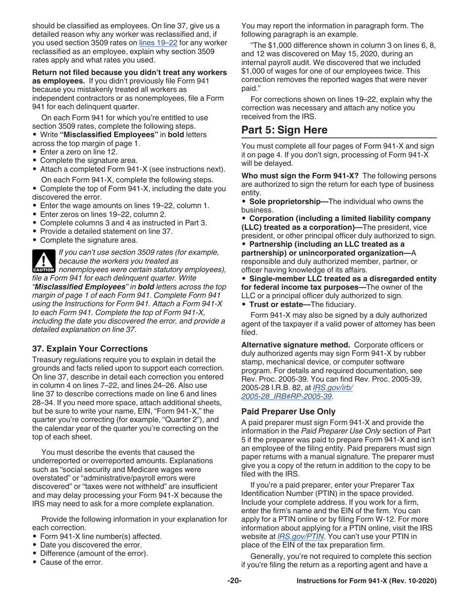 Instructions for IRS Form 941-X Adjusted Employers Quarterly Federal Tax Return or Claim for Refund, Page 20