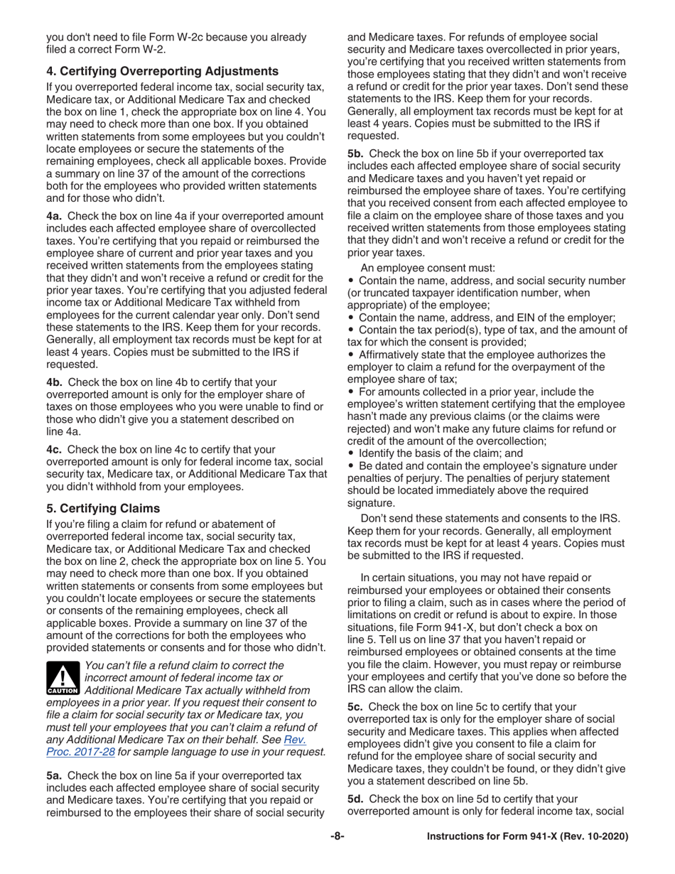 Instructions for IRS Form 941-X Adjusted Employers Quarterly Federal Tax Return or Claim for Refund, Page 8