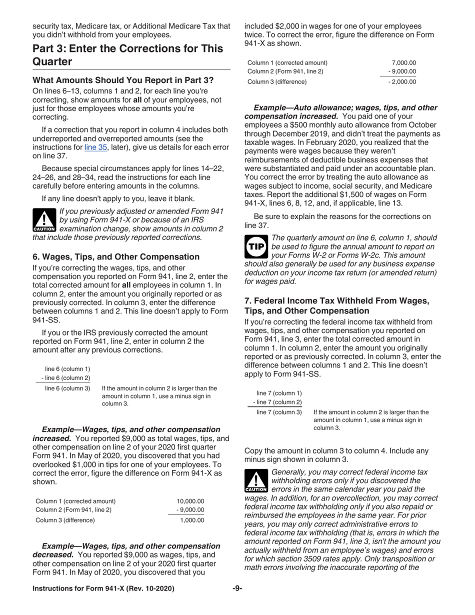Instructions for IRS Form 941-X Adjusted Employers Quarterly Federal Tax Return or Claim for Refund, Page 9