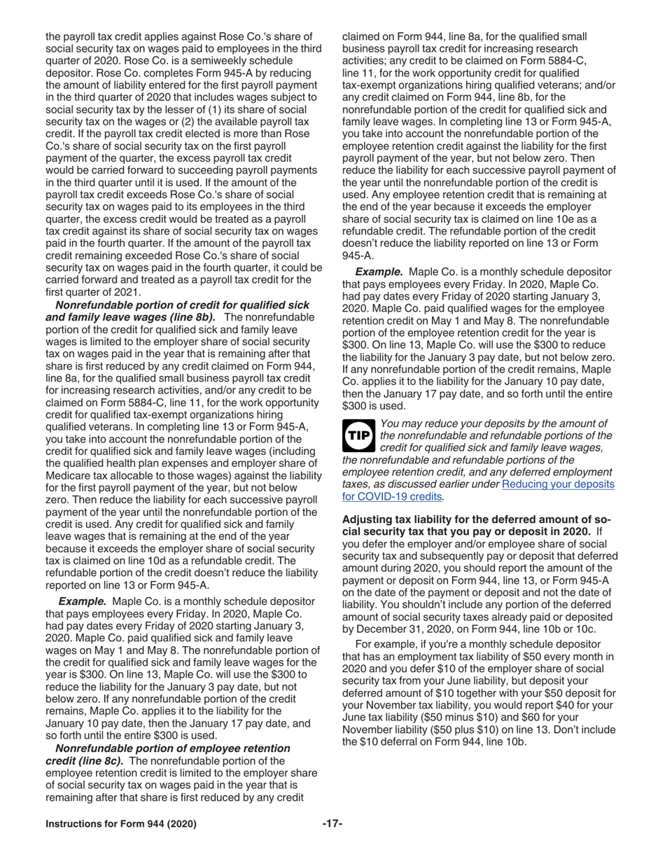 Instructions for IRS Form 944 Employers Annual Federal Tax Return, Page 17
