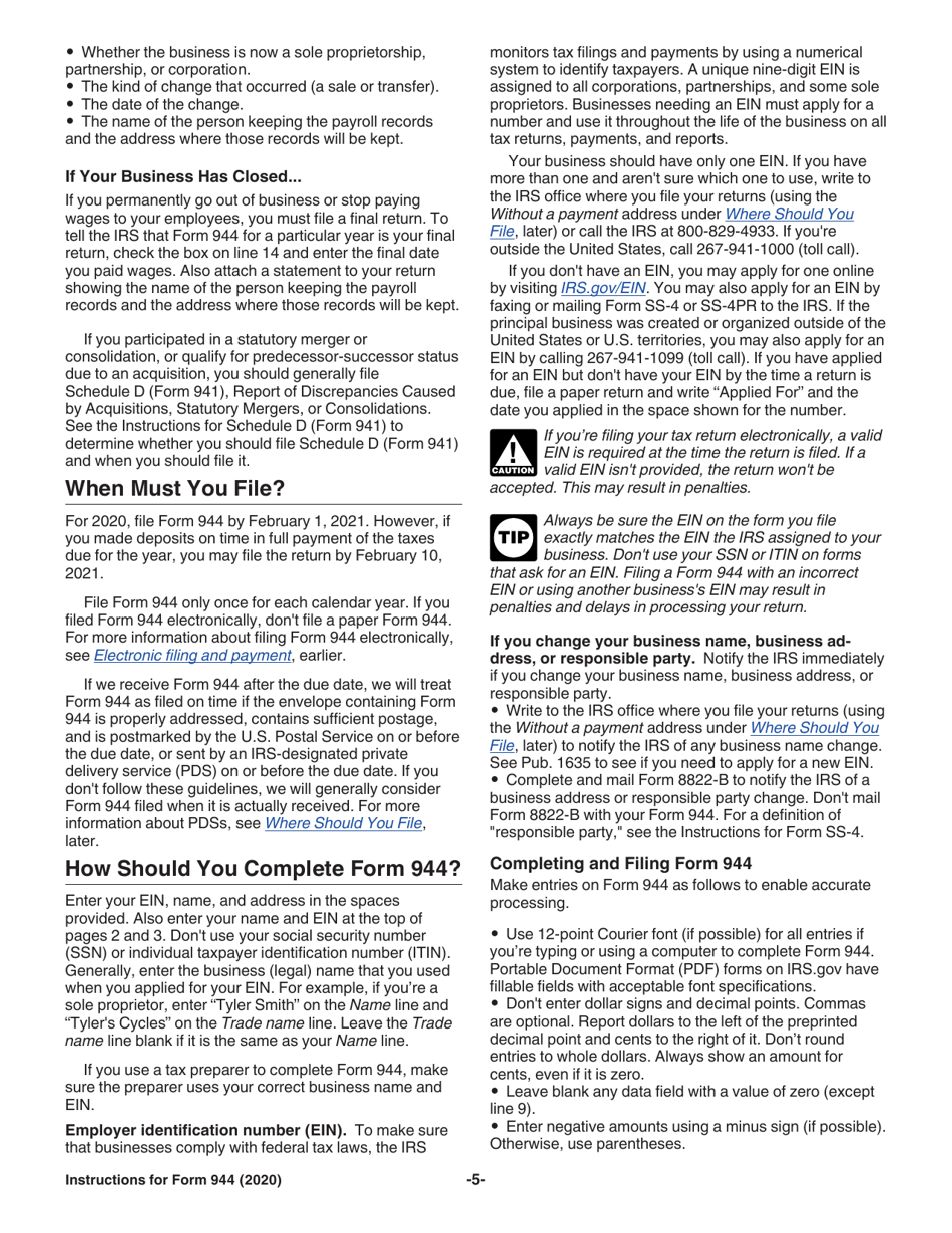 Instructions for IRS Form 944 Employers Annual Federal Tax Return, Page 5