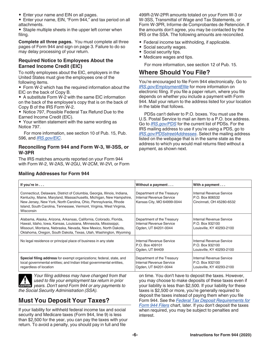 Instructions for IRS Form 944 Employers Annual Federal Tax Return, Page 6