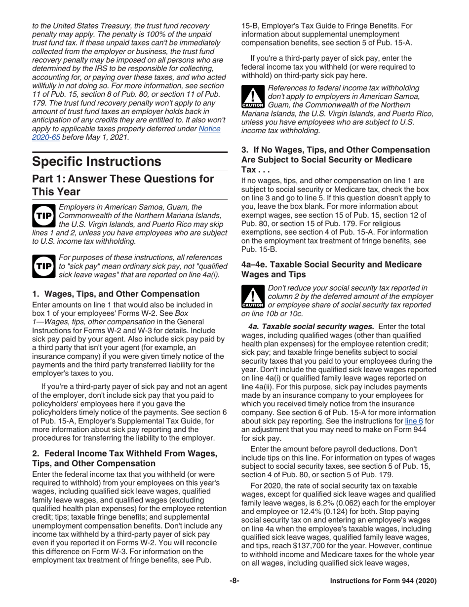 Instructions for IRS Form 944 Employers Annual Federal Tax Return, Page 8