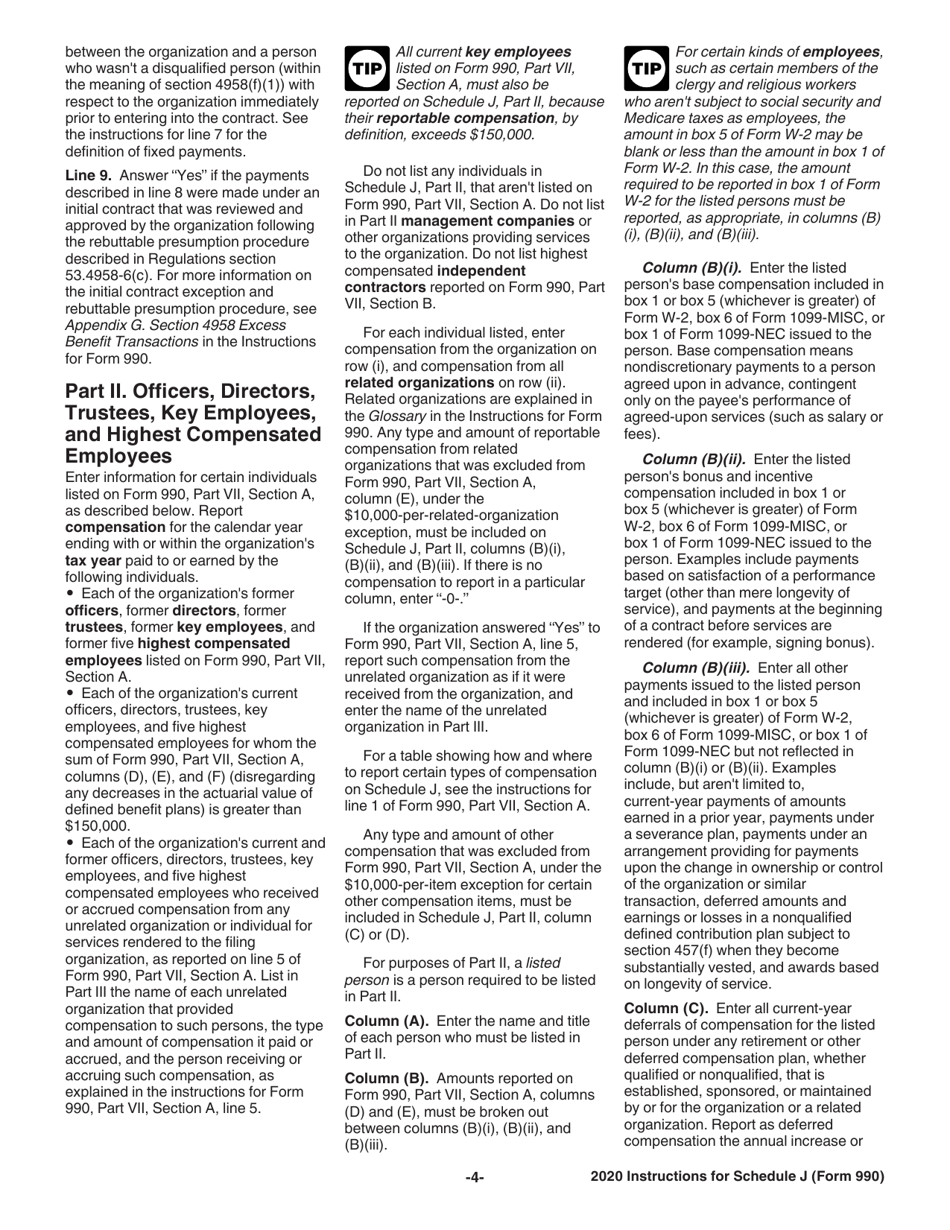 Instructions for IRS Form 990 Schedule J Compensation Information, Page 4