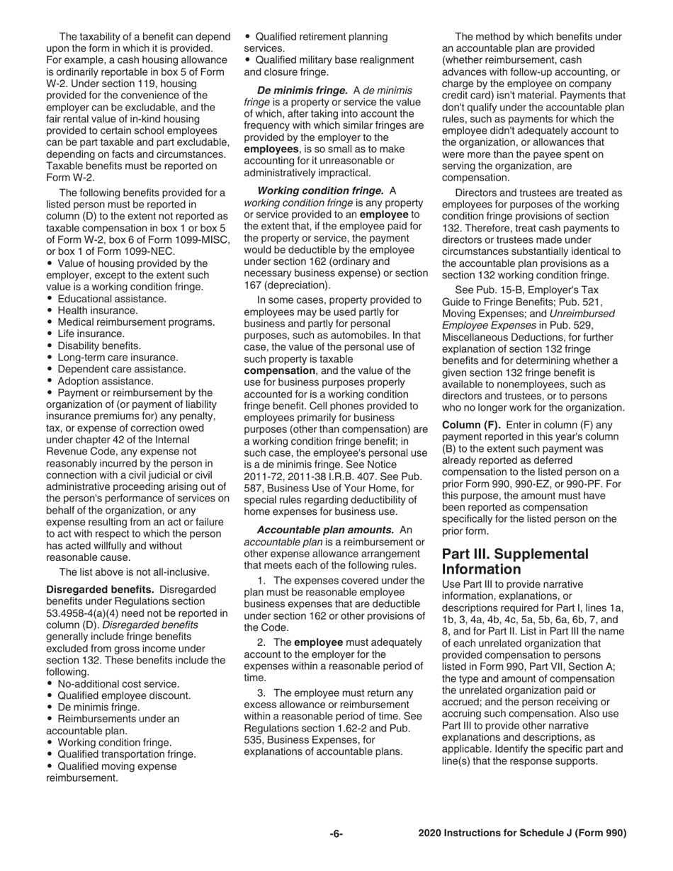 Instructions for IRS Form 990 Schedule J Compensation Information, Page 6