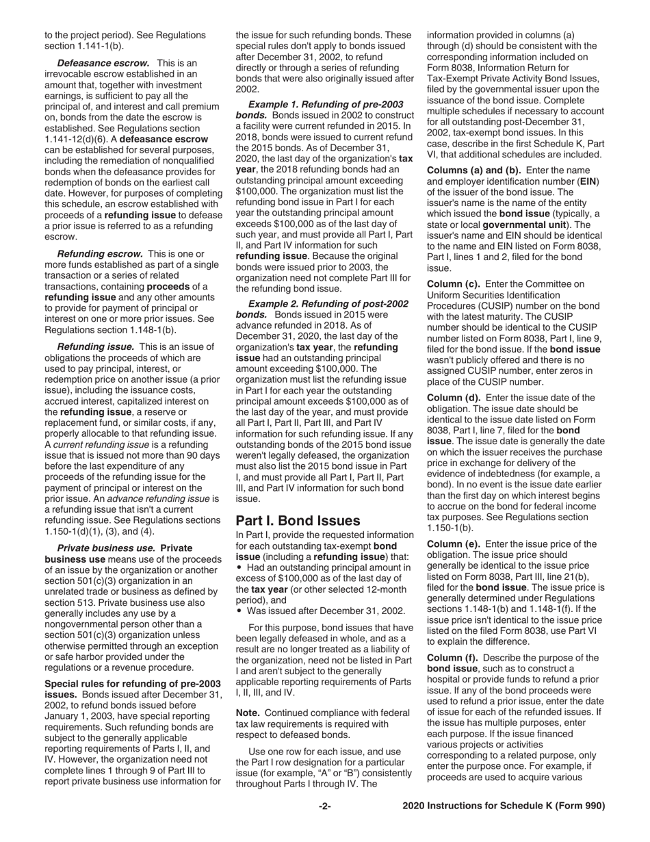Instructions for IRS Form 990 Schedule K Supplemental Information on Tax-Exempt Bonds, Page 2