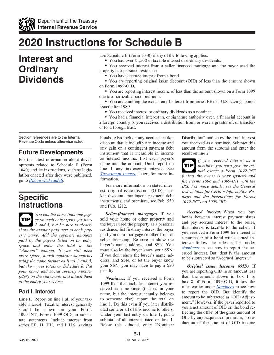 Download Instructions For IRS Form 1040 Schedule B Interest And Ordinary Dividends PDF 2020