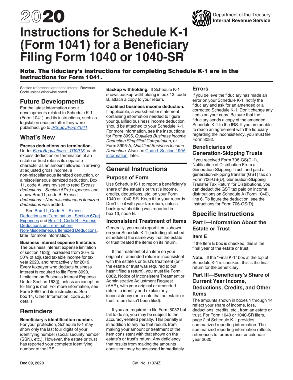 Instructions for IRS Form 1041 Schedule K-1 Beneficiary's Share of Income, Deductions, Credits, Etc., Page 1