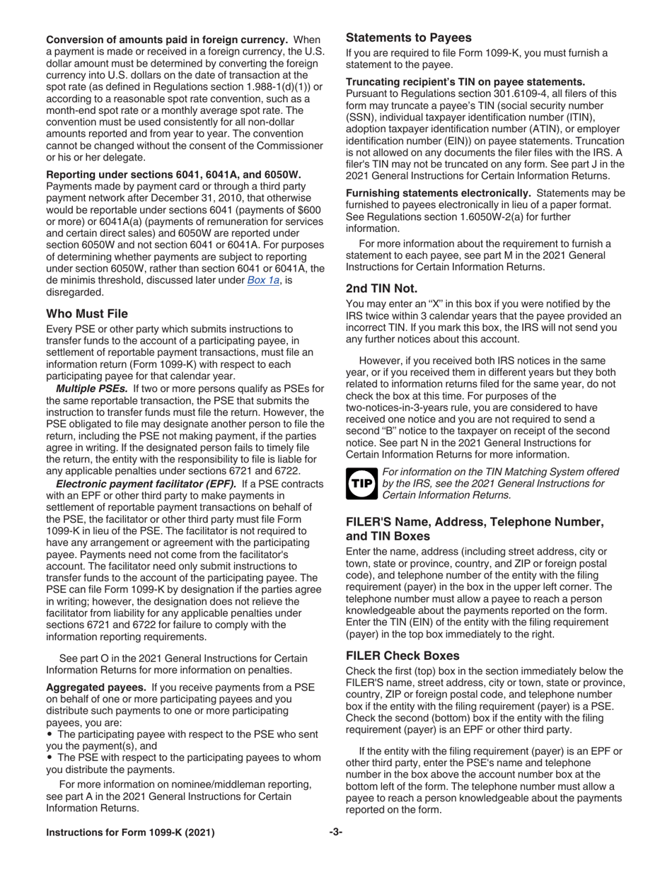 Instructions for IRS Form 1099-K Payment Card and Third Party Network Transactions, Page 3