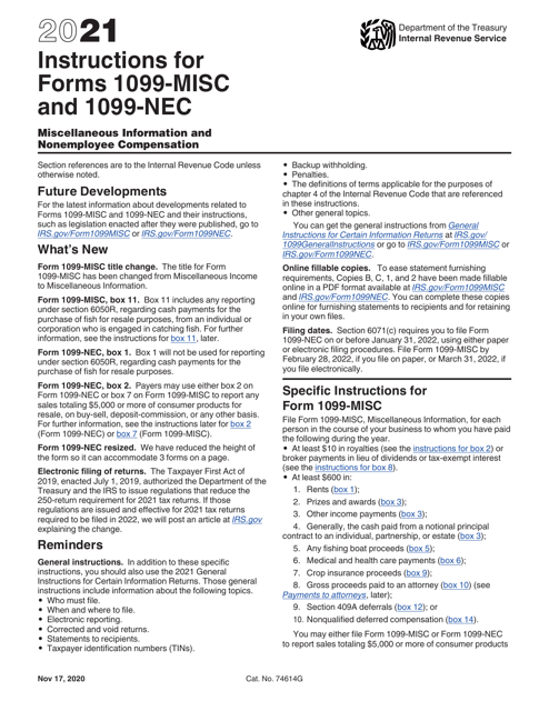 IRS Form 1099-MISC, 1099-NEC 2021 Printable Pdf