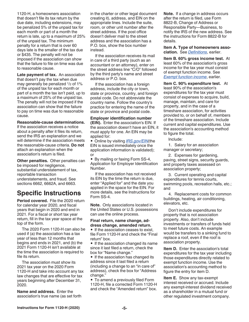 Instructions for IRS Form 1120-H U.S. Income Tax Return for Homeowners Associations, Page 5