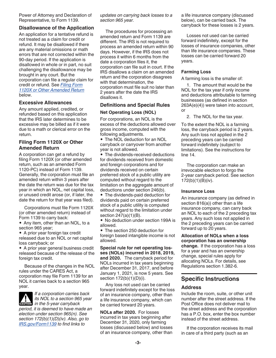 Instructions for IRS Form 1139 Corporation Application for Tentative Refund, Page 3