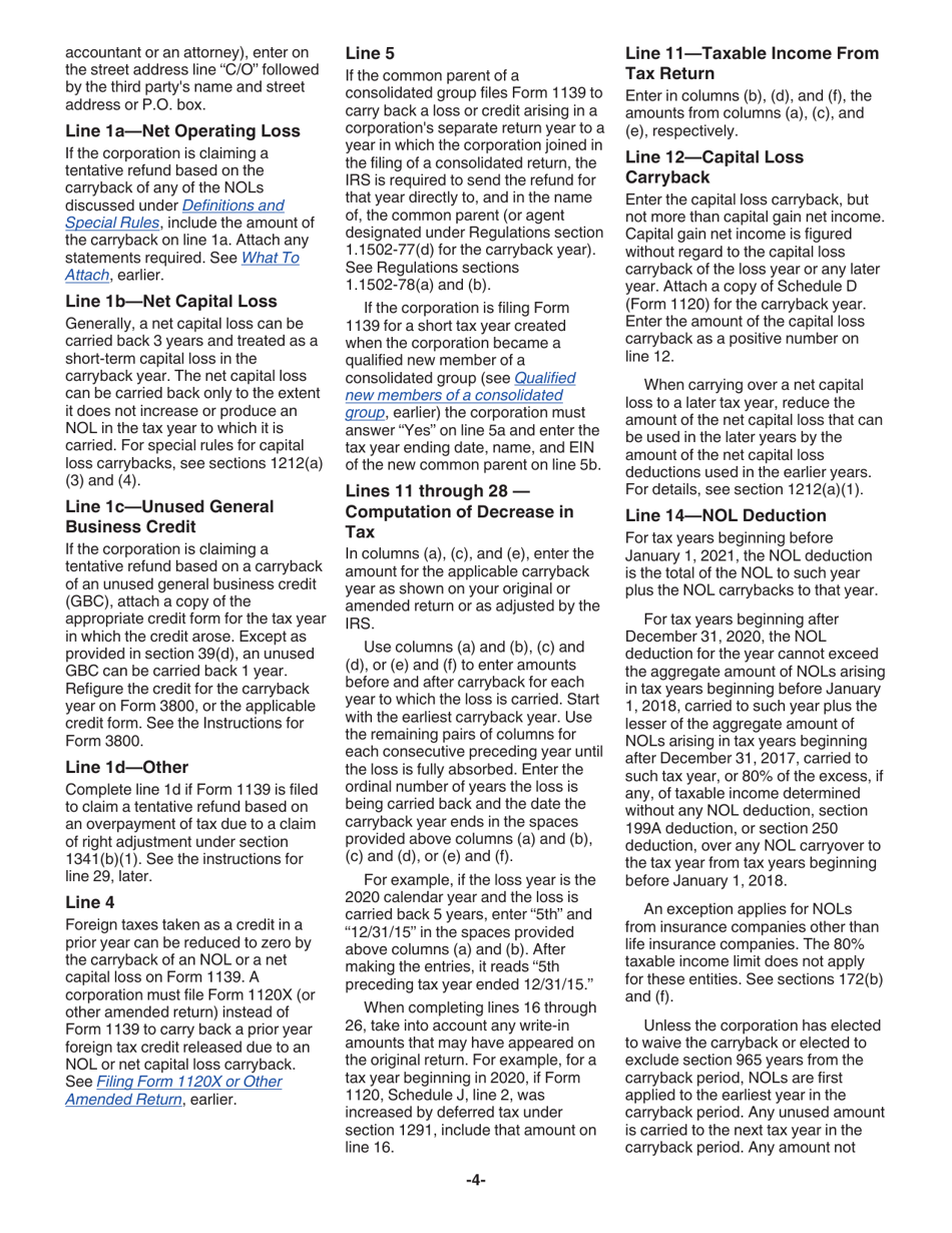 Instructions for IRS Form 1139 Corporation Application for Tentative Refund, Page 4