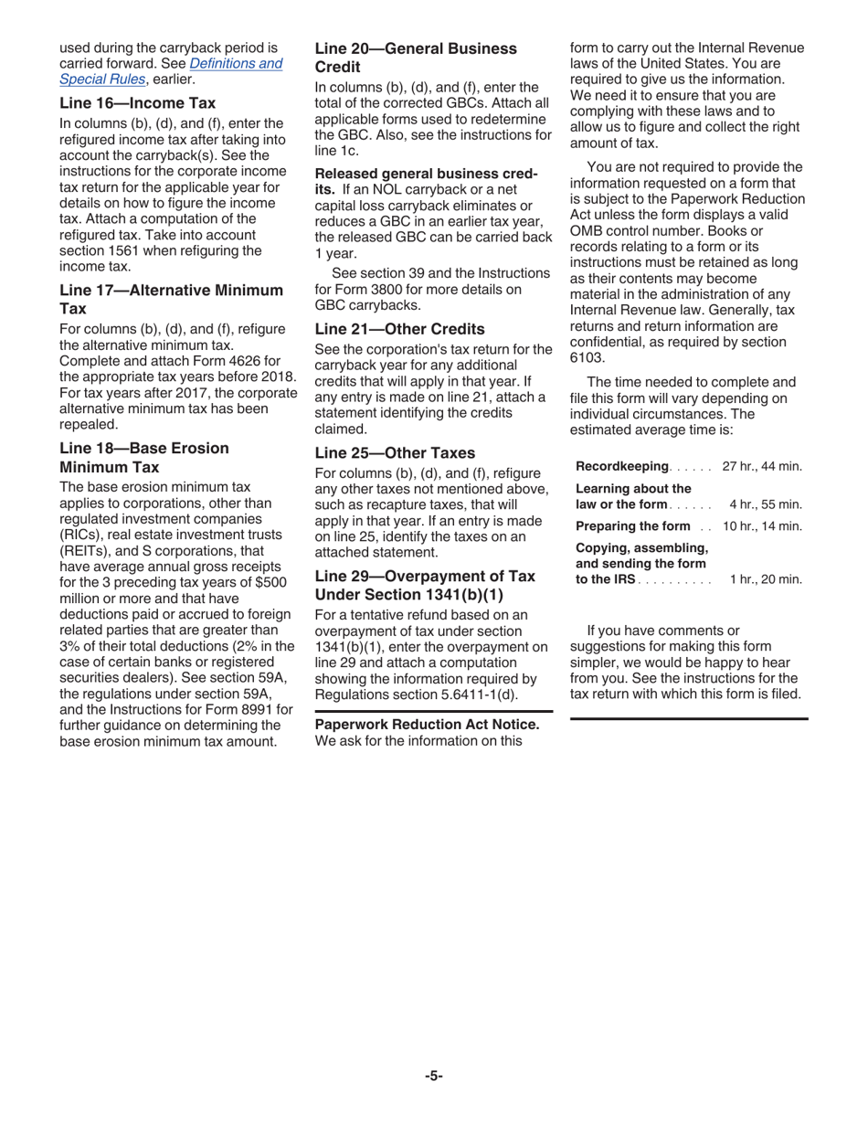 Instructions for IRS Form 1139 Corporation Application for Tentative Refund, Page 5