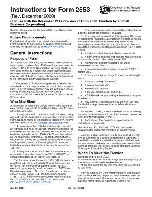 IRS Form 2553  Printable Pdf