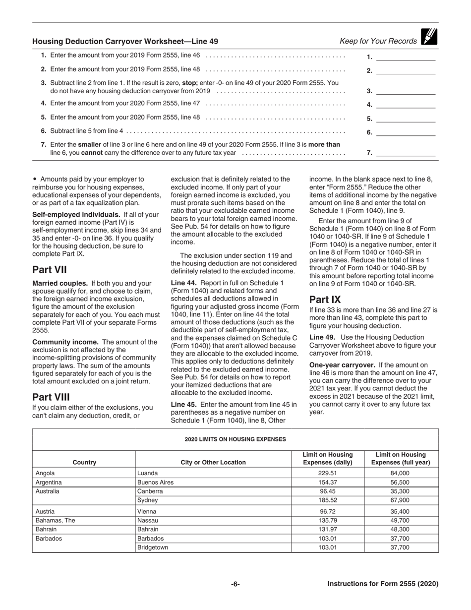 Instructions for IRS Form 2555 Foreign Earned Income, Page 6