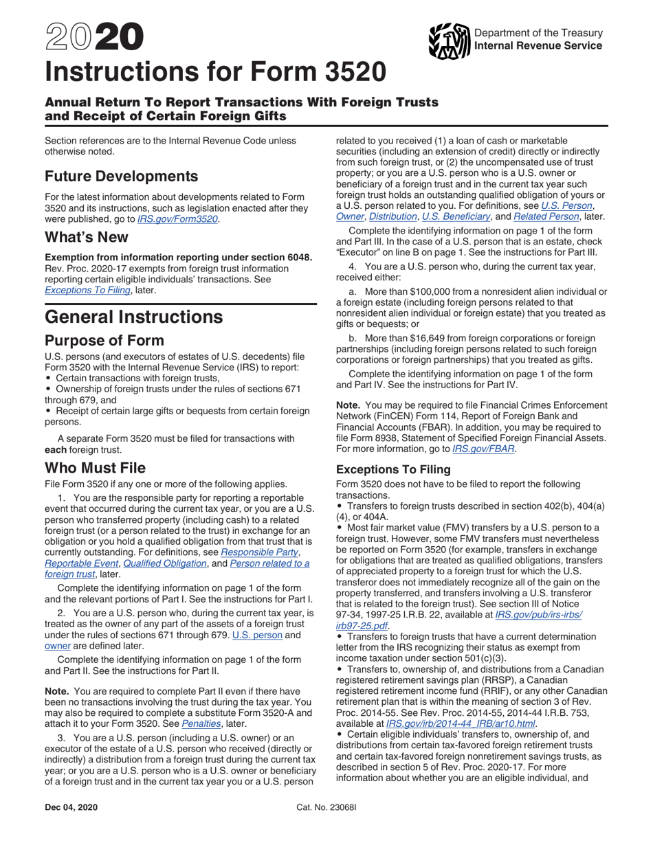 Instructions for IRS Form 3520 Annual Return to Report Transactions With Foreign Trusts and Receipt of Certain Foreign Gifts, Page 1