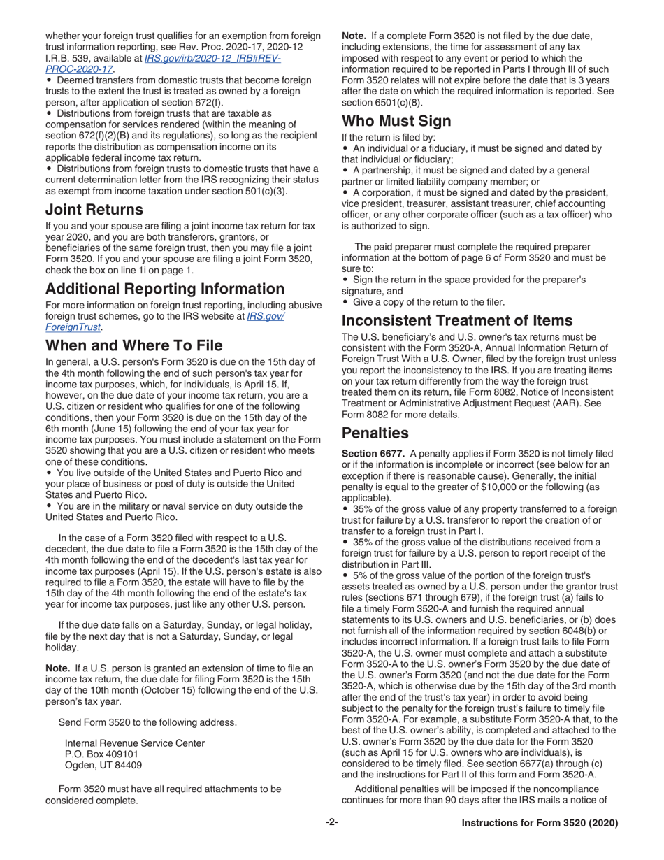 Instructions for IRS Form 3520 Annual Return to Report Transactions With Foreign Trusts and Receipt of Certain Foreign Gifts, Page 2
