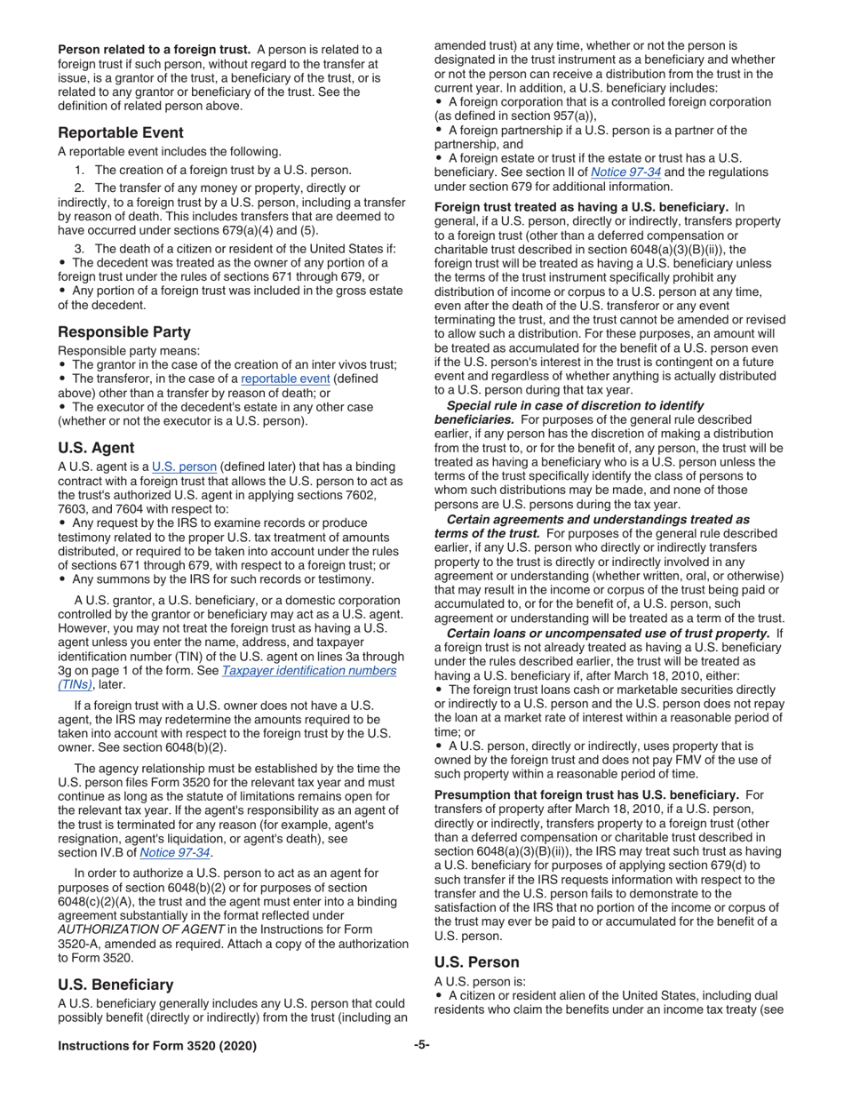 Instructions for IRS Form 3520 Annual Return to Report Transactions With Foreign Trusts and Receipt of Certain Foreign Gifts, Page 5
