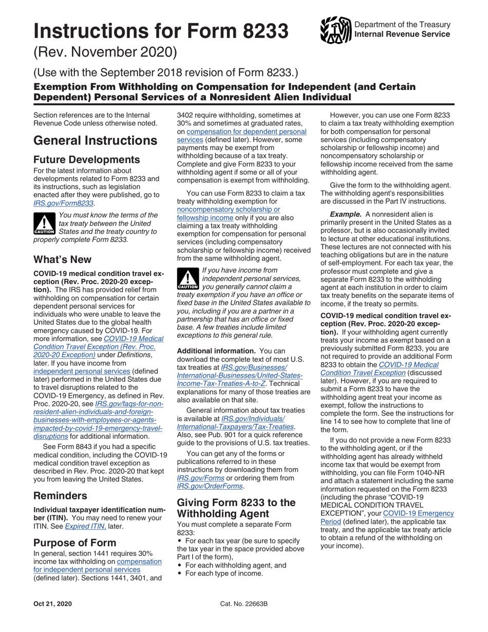 Instructions for IRS Form 8233 Exemption From Withholding on Compensation for Independent (And Certain Dependent) Personal Services of a Nonresident Alien Individual, Page 1