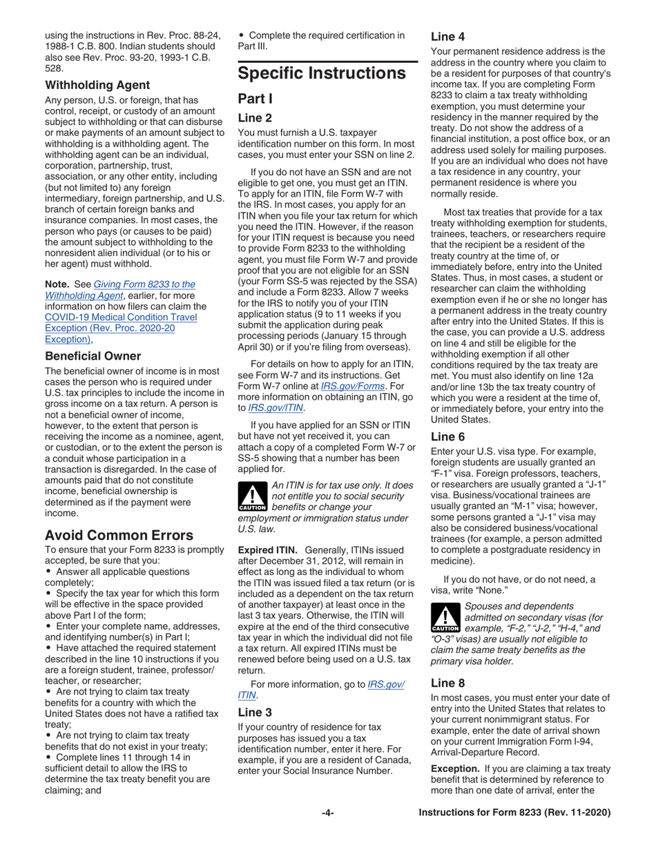 Instructions for IRS Form 8233 Exemption From Withholding on Compensation for Independent (And Certain Dependent) Personal Services of a Nonresident Alien Individual, Page 4