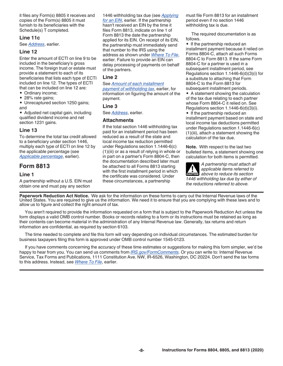 Instructions for IRS Form 8804, 8805, 8813, Page 8