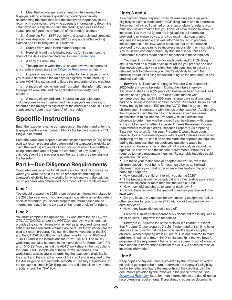 Instructions for IRS Form 8867 Paid Preparers Due Diligence Checklist, Page 2