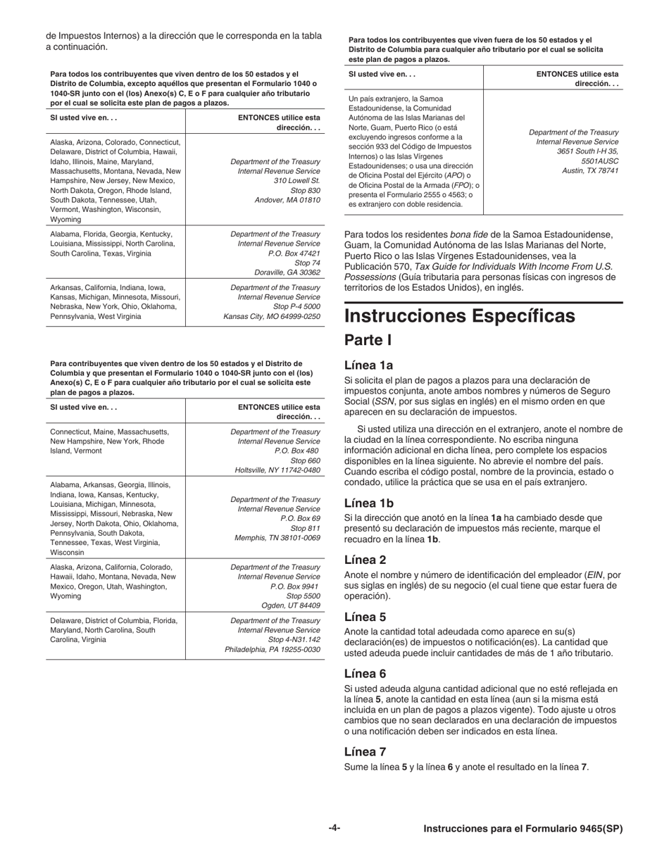 Instrucciones para IRS Formulario 9465(SP) Solicitud Para Un Plan De Pagos a Plazos (Spanish), Page 4