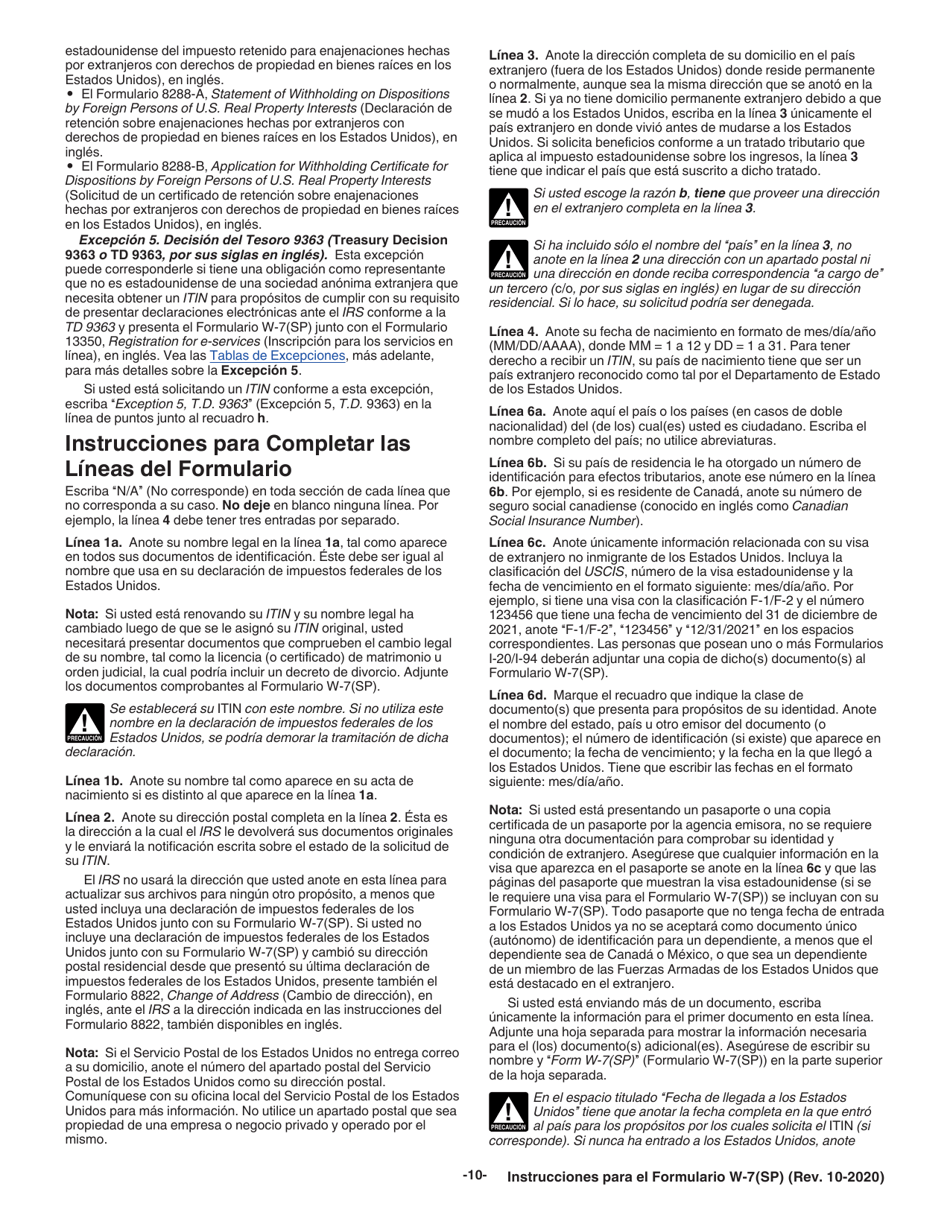 Instrucciones para IRS Formulario W-7 (SP) Solicitud De Numero De Identificacion Personal Del Contribuyente Del Servicio De Impuestos Internos (Spanish), Page 10