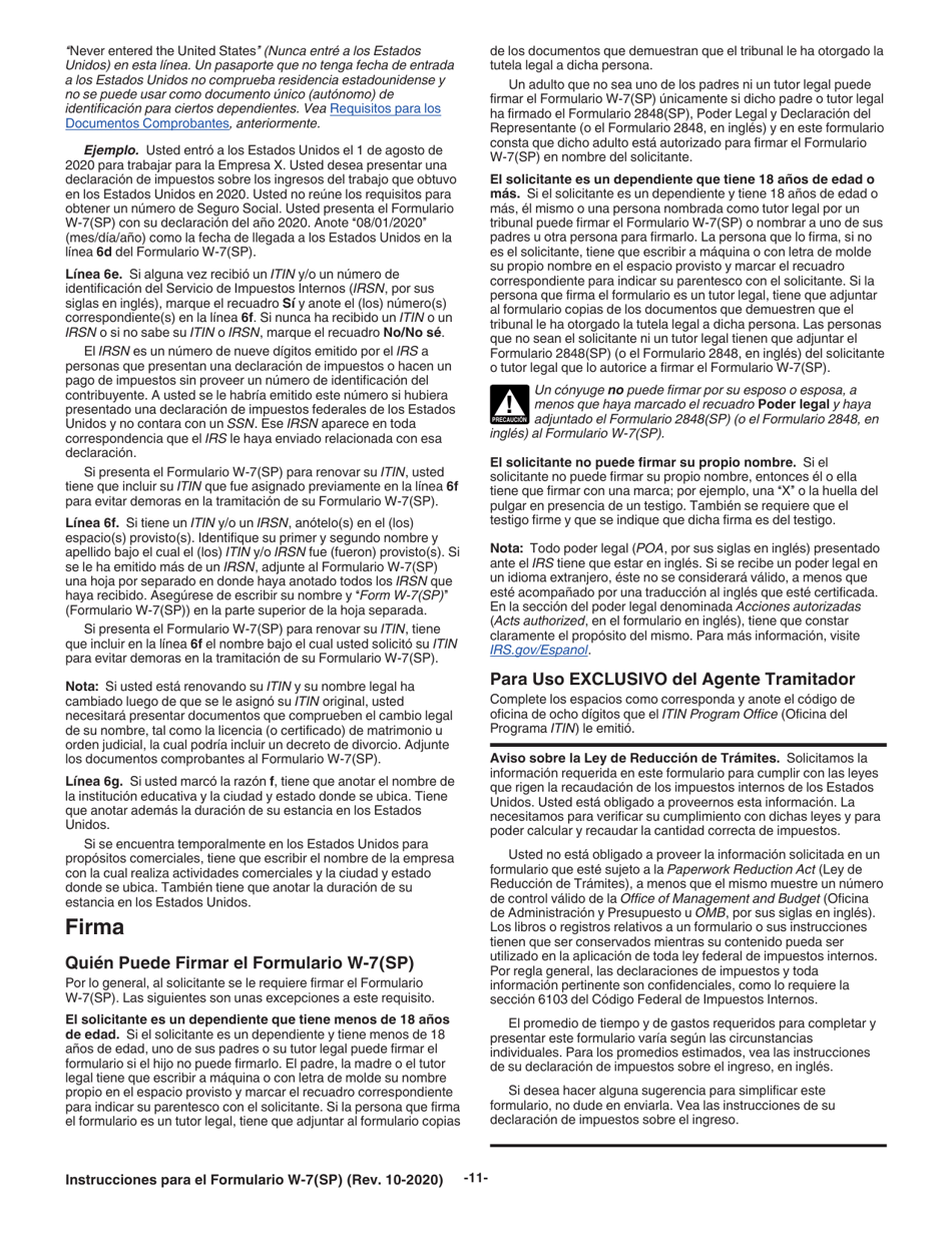 Instrucciones para IRS Formulario W-7 (SP) Solicitud De Numero De Identificacion Personal Del Contribuyente Del Servicio De Impuestos Internos (Spanish), Page 11