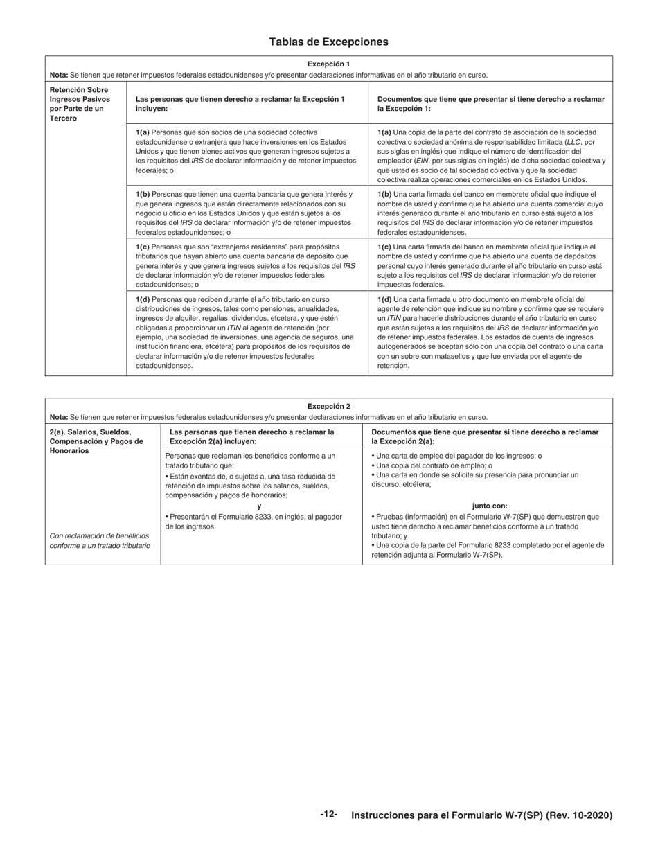 Instrucciones para IRS Formulario W-7 (SP) Solicitud De Numero De Identificacion Personal Del Contribuyente Del Servicio De Impuestos Internos (Spanish), Page 12