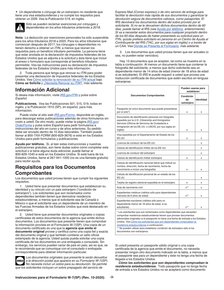 Instrucciones para IRS Formulario W-7 (SP) Solicitud De Numero De Identificacion Personal Del Contribuyente Del Servicio De Impuestos Internos (Spanish), Page 3