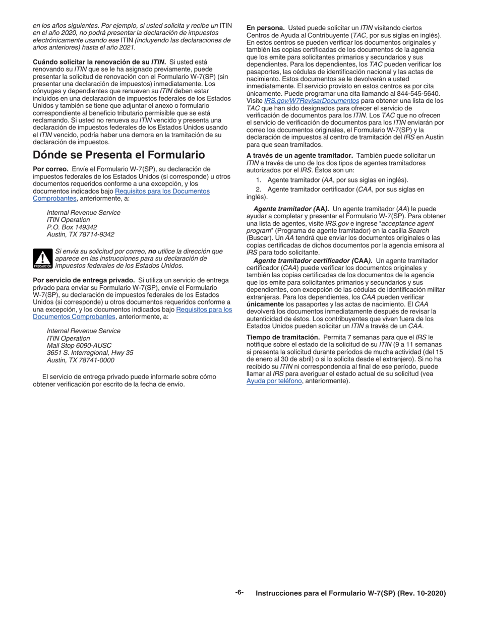 Instrucciones para IRS Formulario W-7 (SP) Solicitud De Numero De Identificacion Personal Del Contribuyente Del Servicio De Impuestos Internos (Spanish), Page 6